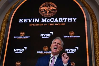 Speaker of the House Kevin McCarthy speaks during an event at the New York Stock Exchange in New York, on April 17, 2023.