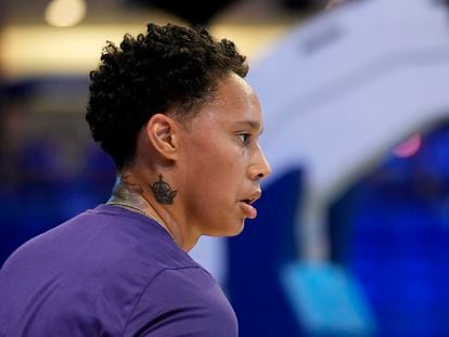 Phoenix Mercury's Brittney Griner prepares for the team's WNBA basketball game against the Dallas Wings, Wednesday, June 7, 2023, in Arlington, Texas.