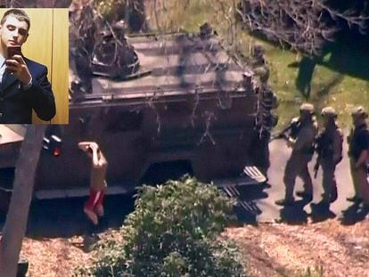 This aerial footage courtesy of WBZ via CBS shows the suspect national guardsman Jack Teixeira taking into custody by FBI agents in a forested area in North Dighton, in Massachusetts.