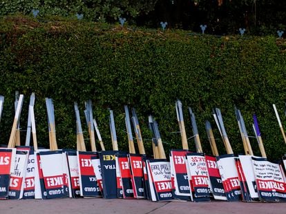 Strike signs await striking SAG-AFTRA actors and Writers Guild of America (WGA) outside Disney Studios in Burbank, California, U.S., July 25, 2023.