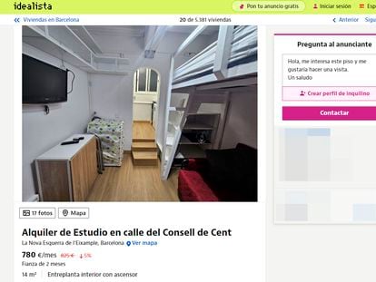 An advertisement on Idealista for the rental of an apartment in Barcelona, with 12 m² (129 ft²) of living space, for €780 ($844.12) per month.