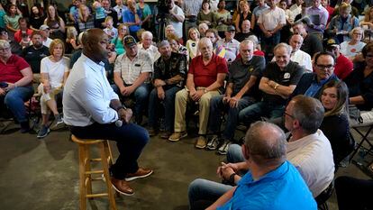 Republican presidential candidate South Carolina Sen. Tim Scott speaks during a town hall meeting, Wednesday, May 24, 2023, in Sioux City, Iowa.