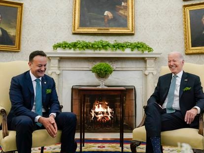 President Joe Biden meets with Ireland's Taoiseach Leo Varadkar in the Oval Office of the White House, on March 17, 2023.