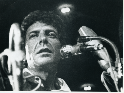 A photograph by an unknown author of Leonard Cohen, in a 1972 performance, on display at the Toronto exhibition. Courtesy of © Leonard Cohen Family Trust