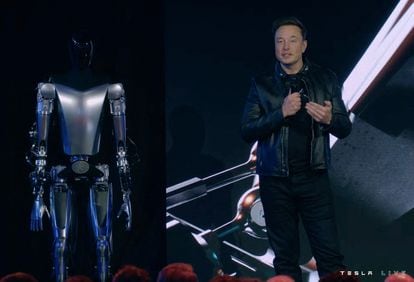 Elon Musk unveils Tesla’s next-generation Optimus robot prototype.