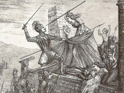 The engraving 'Heroism of María Pita' (1589), by F. Ferrer y Ros. María Pita was a heroine in the defense of A Coruña against the English Armada.
