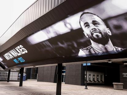 An image of Charlotte Football Club soccer player Anton Walkes is shown on Bank of America Stadium in Charlotte, N.C., Thursday, Jan. 19, 2023.
