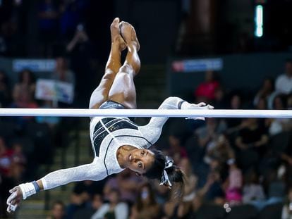 Gymnast Simone Biles competes during the American Classic in Illinois on August 5.