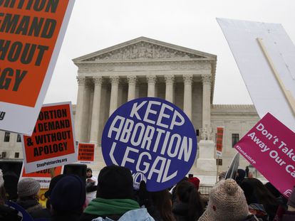 Pro-abortion rights signs are seen during the March for Life 2016 in front of the U.S. Supreme Court in Washington, Jan. 22, 2016