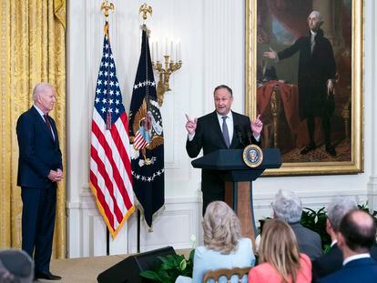 Doug Emhoff, husband of Vice President Kamala Harris, introduces President Joe Biden during the celebration of Jewish American Heritage Month in the White House, on May 16, 2023.