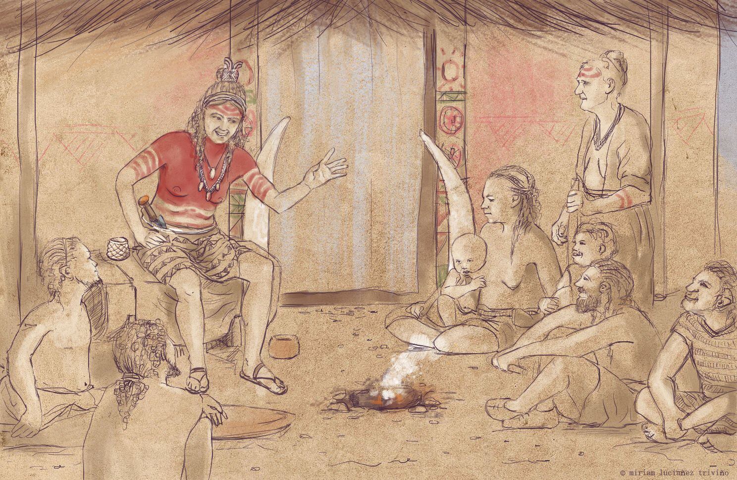 Interpretive illustration depicting the Ivory Lady speaking to a group of people.