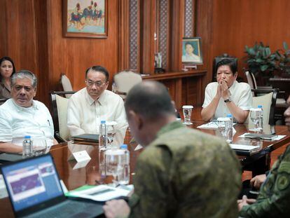 Philippine President Ferdinand Marcos conducting a conference with his security officials inside Malakanang presidential palace in Manila, Philippines, 23 October 2023.
