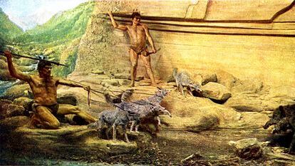 Reconstruction of a hunting scene depicting men from the Aziliense, a civilization that existed about 12,000 years ago in northern Spain and southern France.