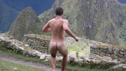 A man poses nude at Machu Picchu, in an image taken from the Facebook page "Naked in monuments."