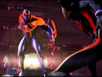 A frame from the movie 'Spider-Man: Across the Spider-Verse' shows the protagonist, Miles Morales (right), and the antagonist, Spider-Man 2099.