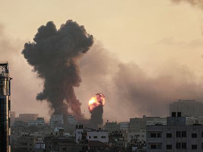 A column of smoke and fire after an Israeli attack on the Gaza Strip.