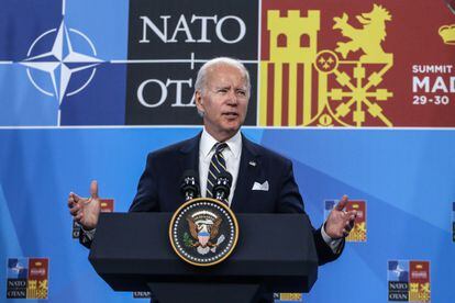 US president Joe Biden during a news conference following the final day of the NATO summit in Madrid, Spain.