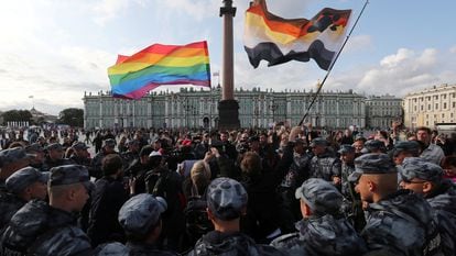 Officers block the St. Petersburg Gay Pride Parade, in August 2019.