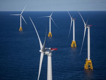 The GE-Alstom Block Island Wind Farm stands above the water off Block Island, Rhode Island, U.S., on Wednesday, Sept. 14, 2016.