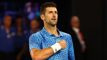 Serbia's Novak Djokovic celebrates winning his final match against Greece's Stefanos Tsitsipas.