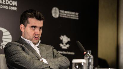Nepomniachtchi during a press conference after his defeat in the sixth game of the Chess World Championship, on Sunday, April 16.