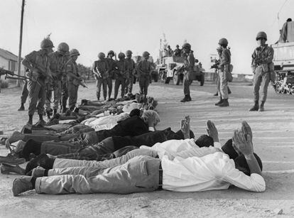 A group of Palestinians surrender to Israeli soldiers in June 1967, in the occupied West Bank.