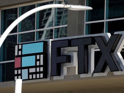 The logo of FTX is seen at the entrance of the FTX Arena in Miami, Florida, U.S.