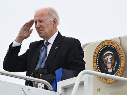 US President Joe Biden salutes as he boards Air Force One at Hancock Field Air National Guard Base in Syracuse, New York, on February 4.