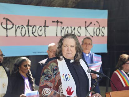 Rev. Pat Langlois, senior pastor of MCC Church of Christ of the Valley, on March 31, 2023, protesting the wave of anti-transgender bills being enacted in numerous Republican-governed states.