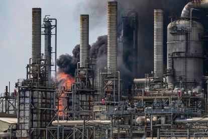 A fire burns at a Shell chemical facility in Deer Park, Friday, May 5, 2023, east of Houston.