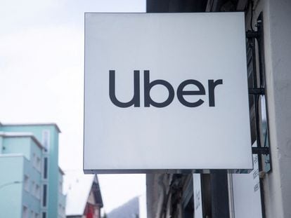 The logo of Uber is seen at a temporary showroom at the Promenade road during the World Economic Forum (WEF) 2023 in January.