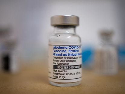 A vial of the Moderna coronavirus disease (COVID-19) booster vaccine targeting BA.4 and BA.5 Omicron sub variants is pictured at Skippack Pharmacy in Schwenksville, Pennsylvania, U.S.
