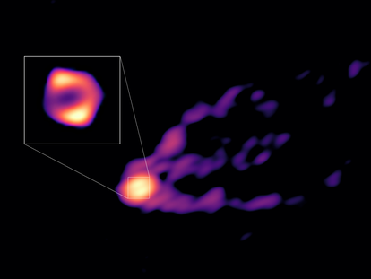 This image shows the jet and the black hole’s shadow at the center of the galaxy M87, capturing the two together for the first time.
