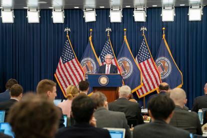 Federal Reserve chair Jerome Powell speaks during a news conference