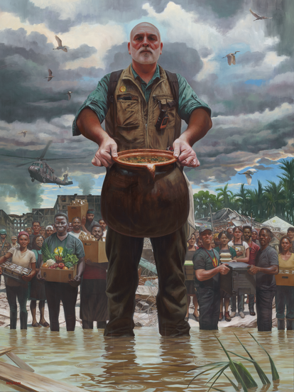 "José Andrés and the Olla de Barro that Feeds the World" was painted by Kadir Nelson for the Smithsonian's Portrait of a Nation series.