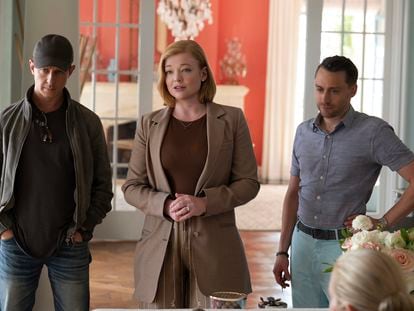 This image released by HBO shows, from left, Jeremy Strong, Sarah Snook and Kieran Culkin in a scene from the fourth season of "Succession."