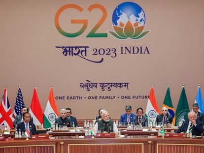 Indian Prime Minister Narendra Modi addressing the G20 Summit at ITPO Convention Centre Pragati Maidan in New Delhi, India, on September 9, 2023.