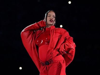 Barbadian singer Rihanna performs during the halftime show of Super Bowl LVII between the Kansas City Chiefs and the Philadelphia Eagles at State Farm Stadium in Glendale, Arizona, on February 12, 2023.