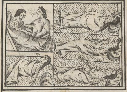 Healer treats people suffering from smallpox in 1520, from Book 12 of the Florentine Codex.