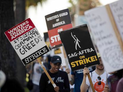 Screenwriters and actors at a picket line outside Netflix headquarters in L.A.
