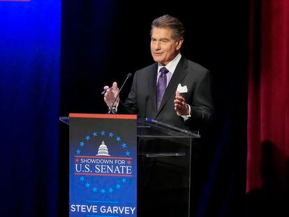 Former baseball player Steve Garvey speaks during a televised debate for candidates in the senate race to succeed the late California Sen. Dianne Feinstein on Jan. 22, 2024, in Los Angeles.