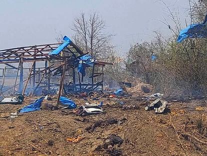 This photo provided by the Kyunhla Activists Group shows aftermath of an airstrike in Pazigyi village in Sagaing Region's Kanbalu Township, Myanmar, on April 11, 2023.