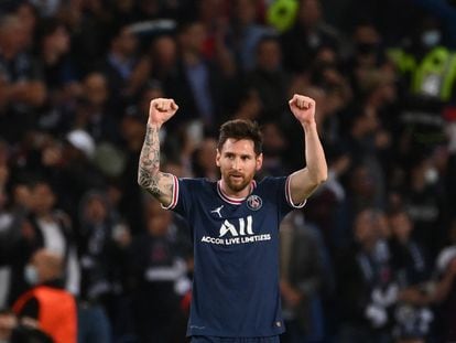 Lionel Messi celebrates after scoring his team's second goal during the UEFA Champions League first round group A match between PSG and Manchester City, in Paris, in September 2021.