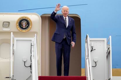 President Joe Biden waves as he boards Air Force One at Andrews Air Force Base, Md., Thursday, Jan. 19, 2023, en route to California.