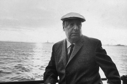 Pablo Neruda on a boat along the coast of New York in 1966.