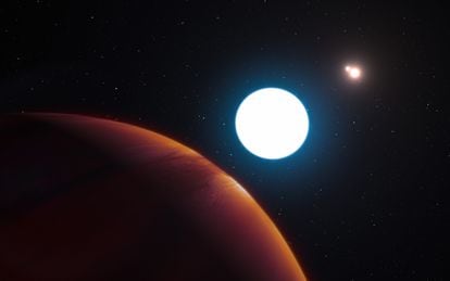 The representation of a gas planet and three stars.