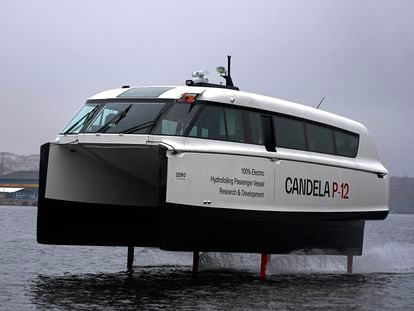 Candela’s new P-12 electric hydrofoil passenger vessel slices through the water in Stockholm’s archipelago, Sweden, Friday, Nov. 10, 2023.