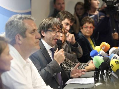 Former Catalan regional premier Carles Puigdemont at today&rsquo;s press conference.