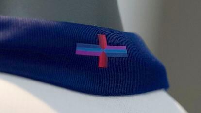 A view of Nike's designed St George's Cross on the back of the collar of the new England shirt at St. George's Park, Burton upon Trent, England, March 22, 2024.