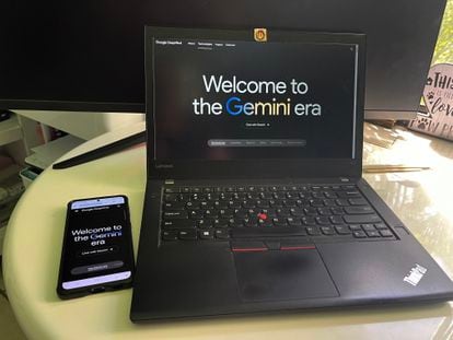 The Gemini app opened in a computer and a cellphone.